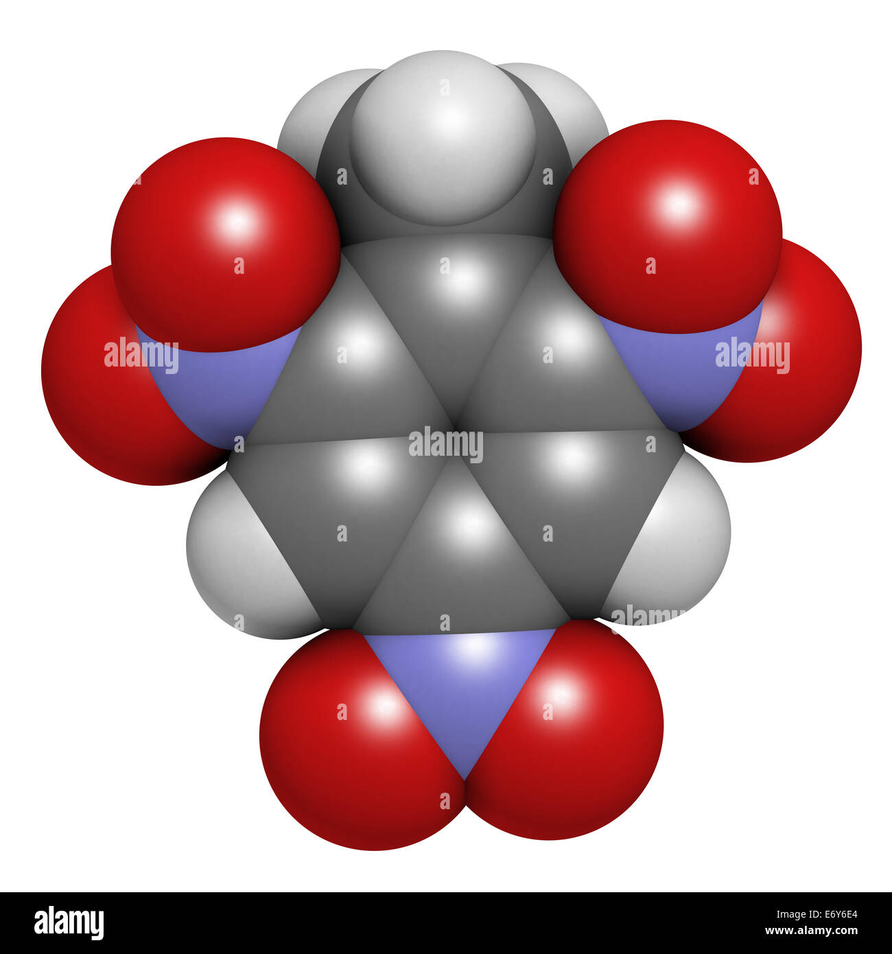 Trinitrotoluene (TNT) high explosive molecule. Atoms are represented as spheres with conventional color coding: hydrogen (white) Stock Photo