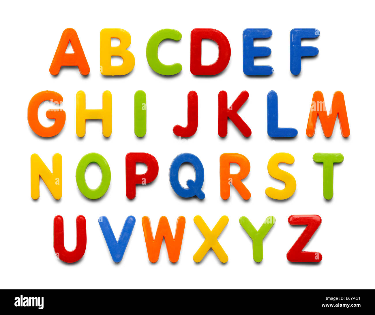 Magnetic Plastic Alphabet colorful ABC Letters Isolated on White Background. Stock Photo