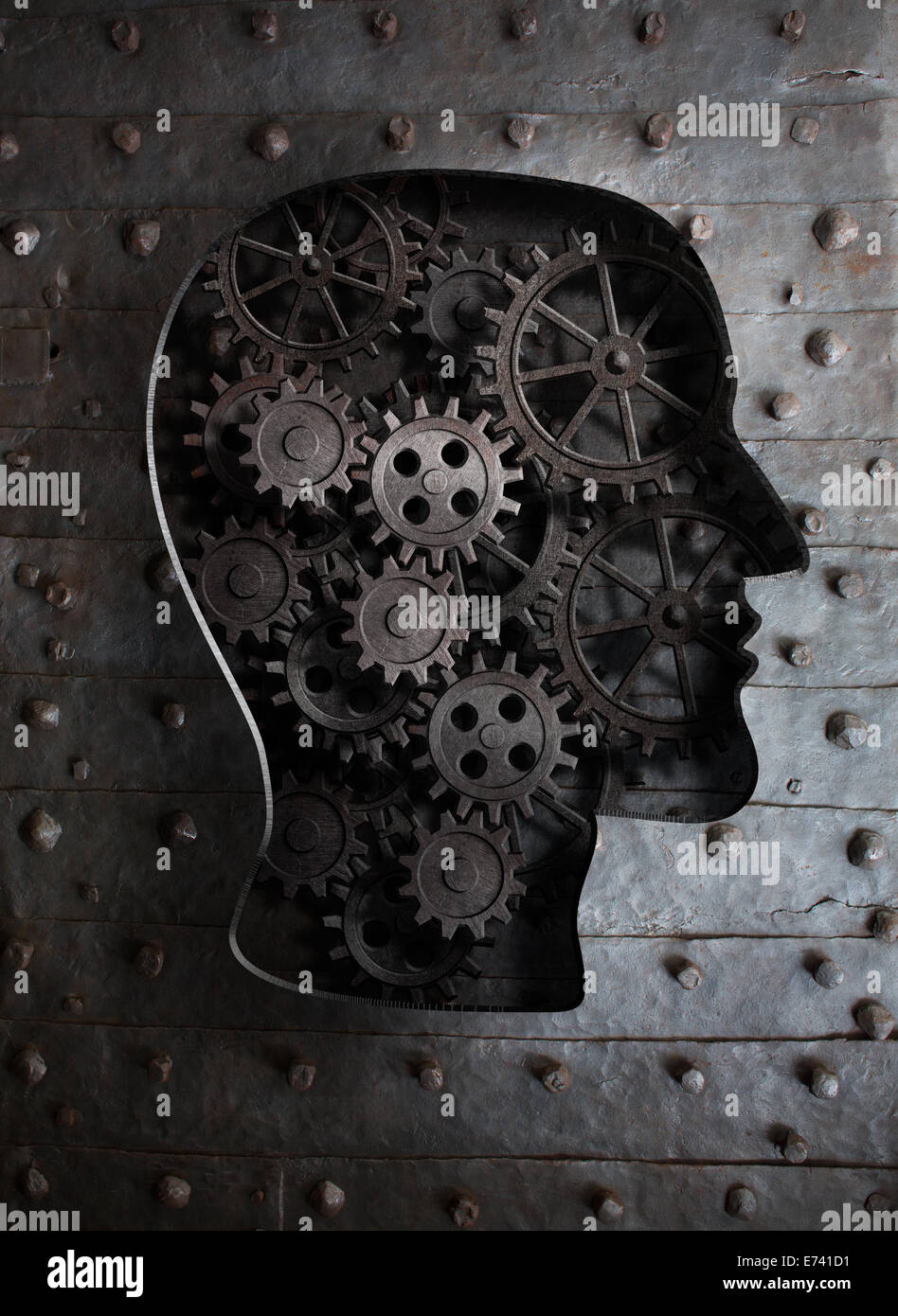 Brain concept: metal gears and cogs in human head Stock Photo