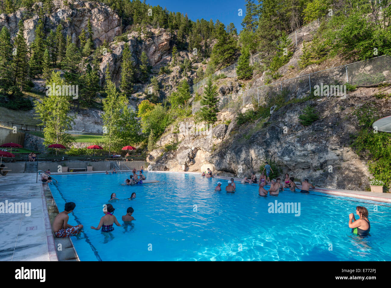 Hot water pool for soaking outdoors at Radium Hot Springs, resort at Kootenay National Park, Canadian Rockies, British Columbia Stock Photo