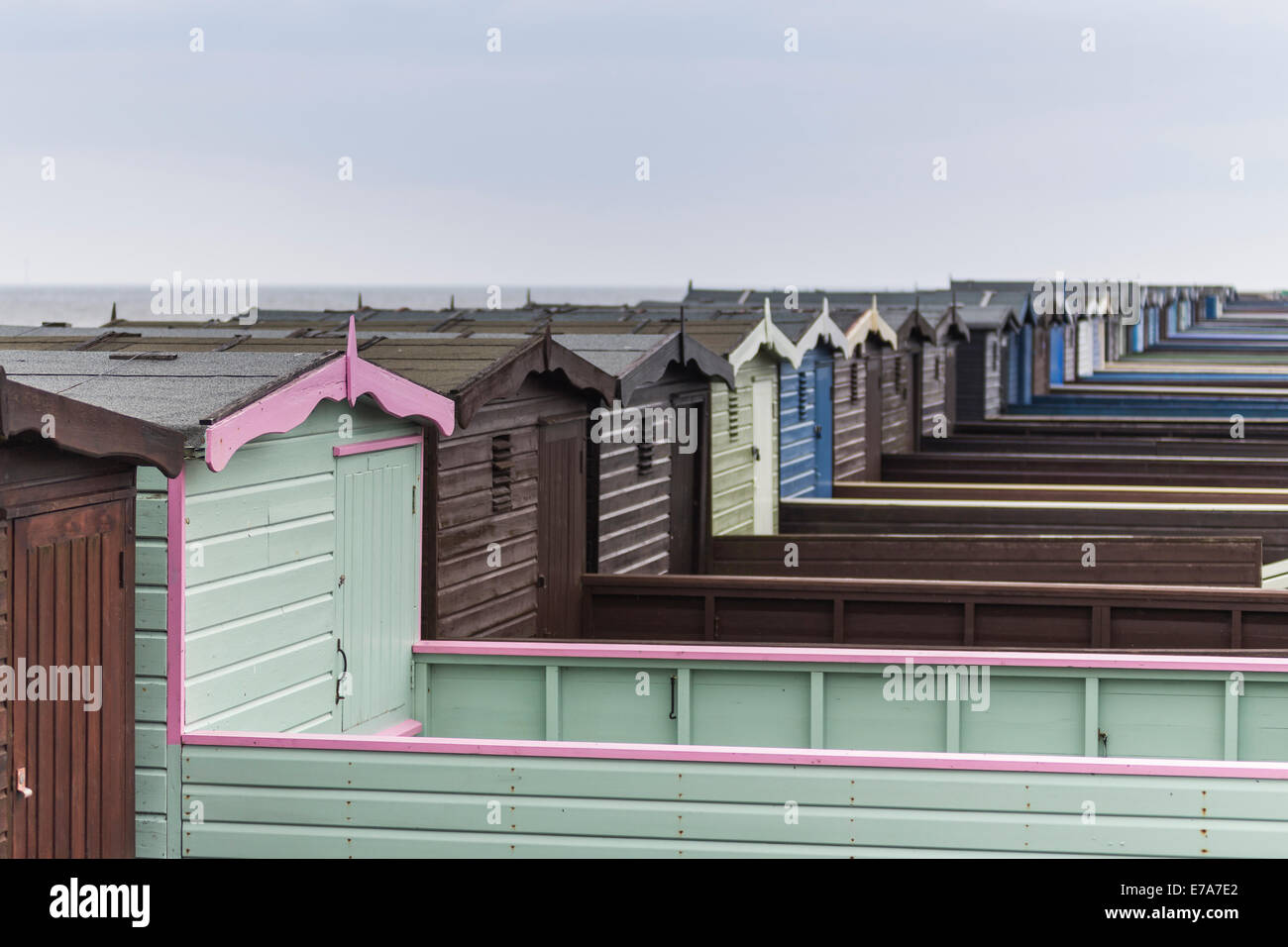 Beach huts in Frinton-on-Sea, Essex, England, United Kingdom Stock Photo