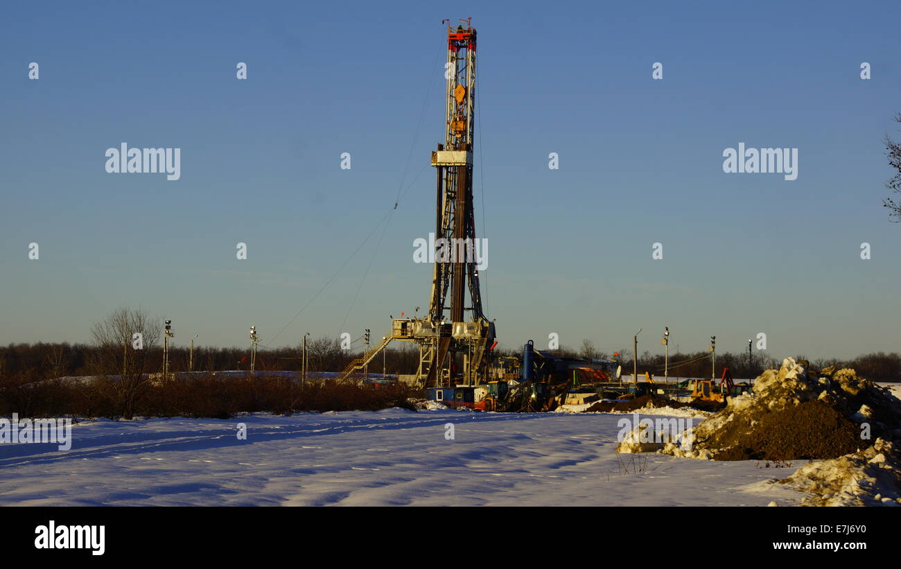 Oil rig in winter time. Stock Photo