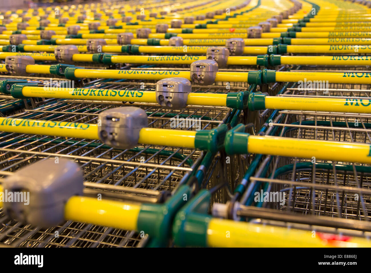 Morrisons supermarket shopping trolleys Stock Photo