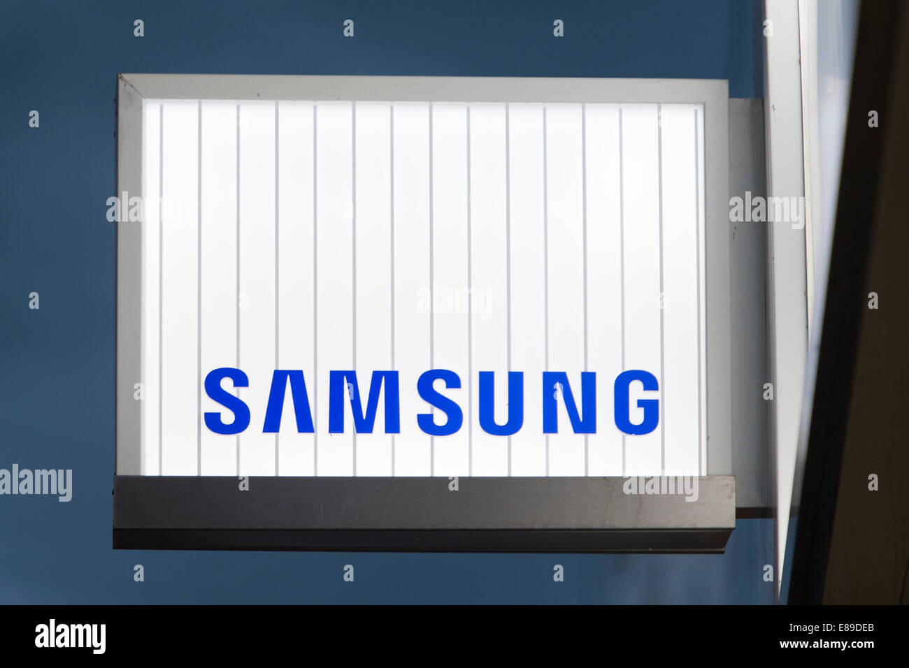 A Samsung electronics retail store sign. Stock Photo