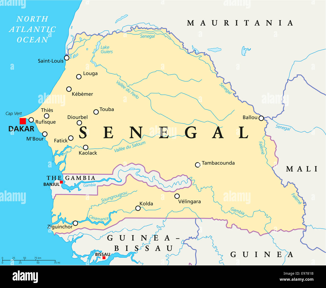 Senegal Political Map with capital Dakar, national borders, important ...