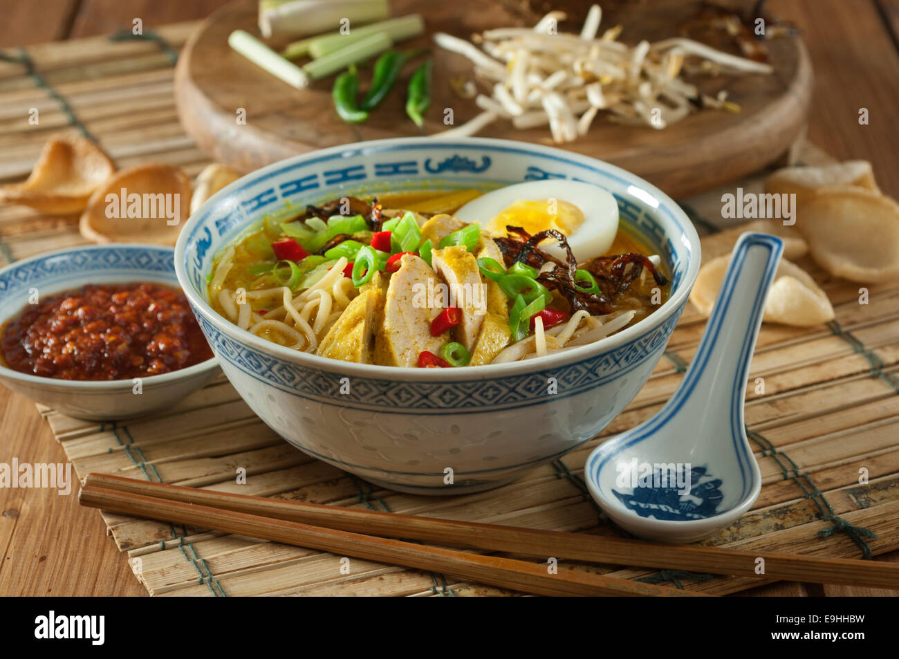 Soto ayam. Chicken and noodle soup. Indonesia Food Stock Photo