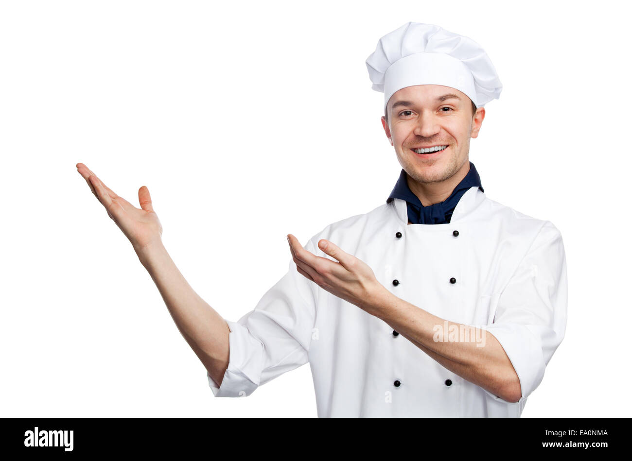 happy chef with welcoming gesture Stock Photo