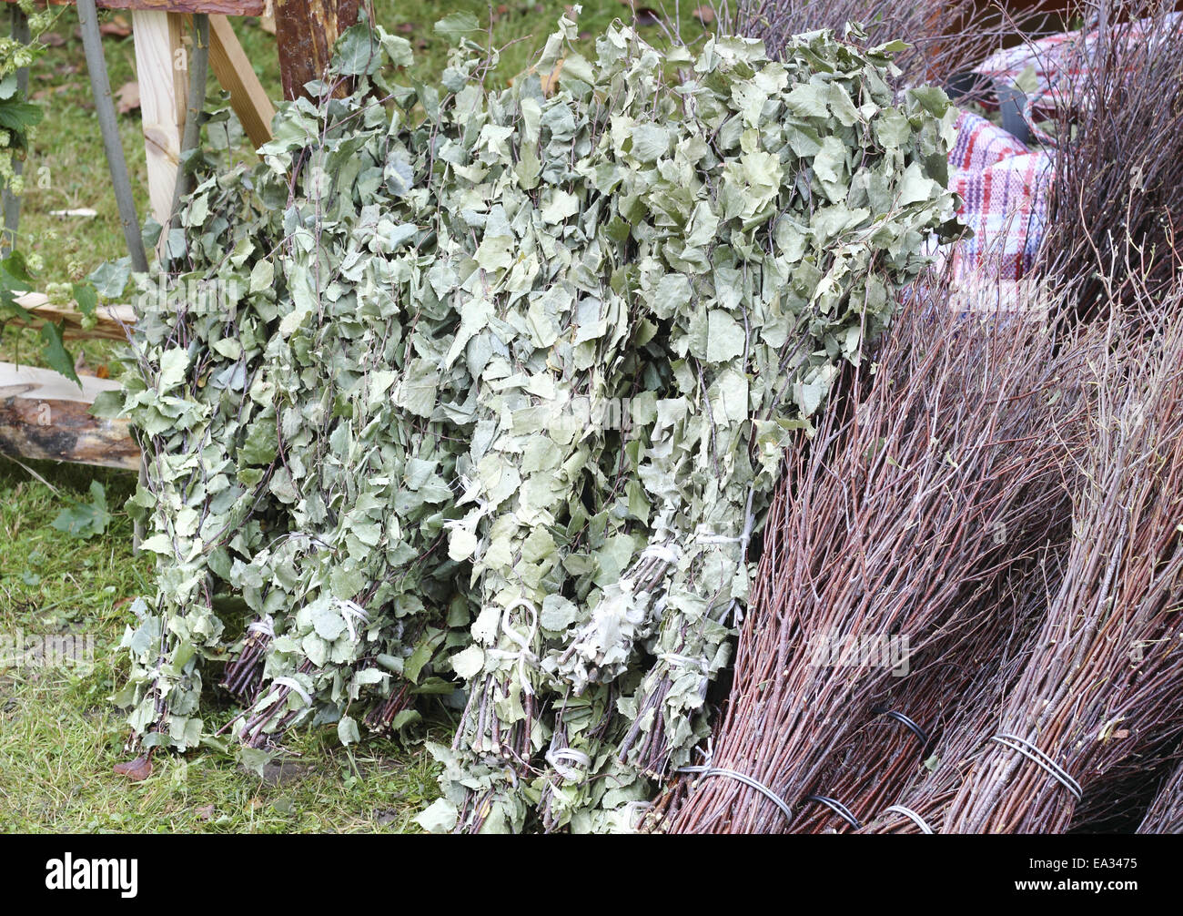 Birch brooms Stock Photo