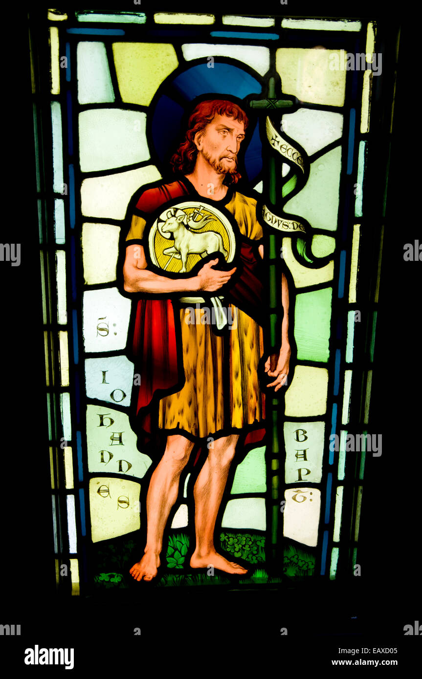 Saint John the Baptist, Stained Glass Panels from the now demolished Chapel, Castell Coch, Tongwynlais, Cardiff, Wales. Stock Photo