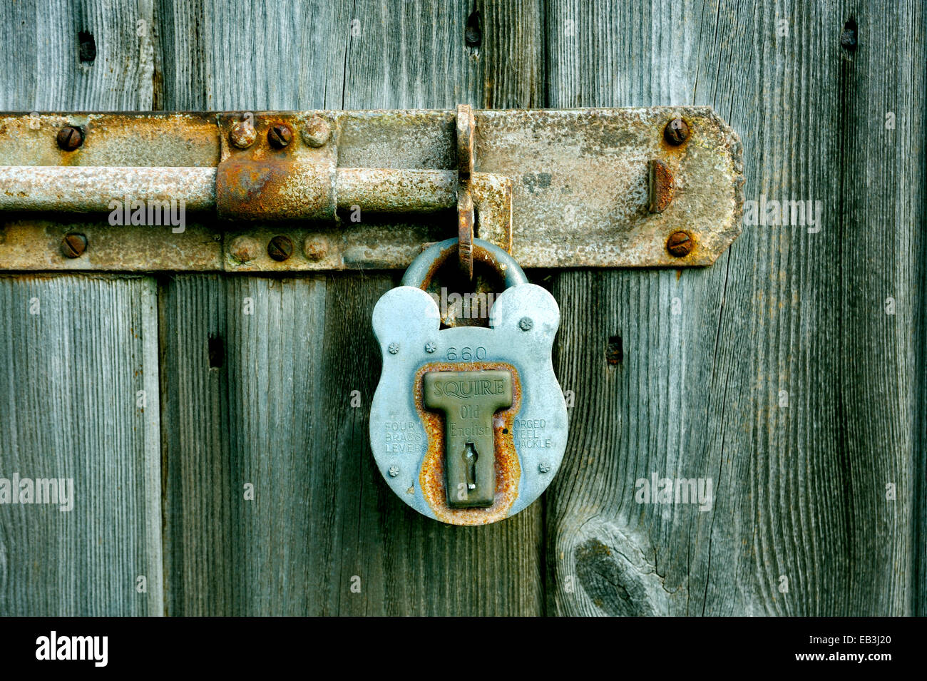 OLD PADLOCK MADE FROM METAL LOCKING AN OLD BOLT ON A WOODEN DOOR Stock Photo