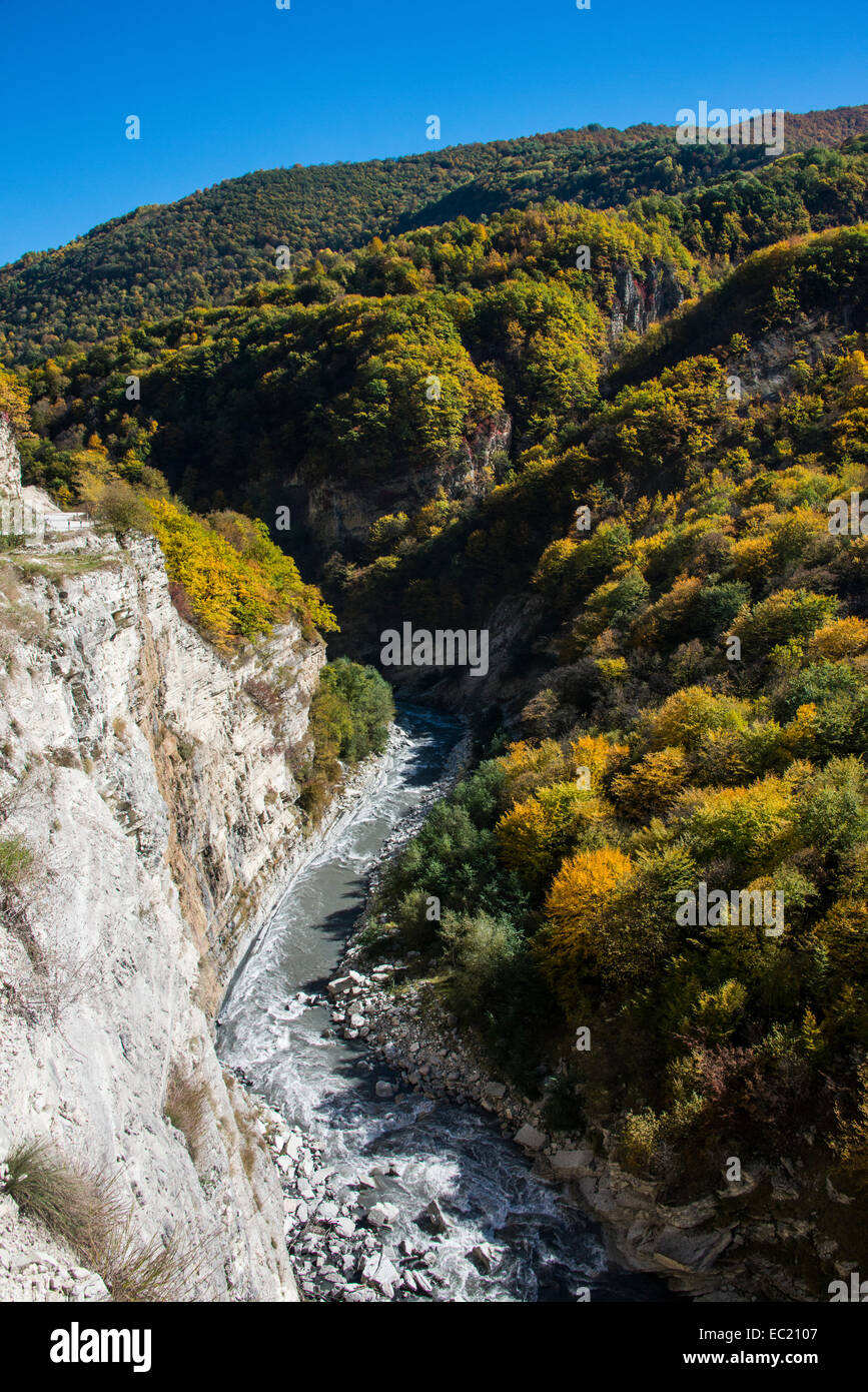 The caucasian mountains in fall with the Argun river, Chechnya, Caucasus, Russia Stock Photo