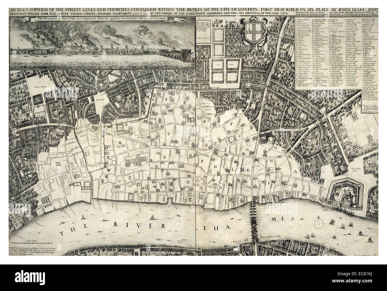 17th century map of London including the River Thames. At the top of the Map there is an illustration of the Great Fire of London. Dated 1677 Stock Photo