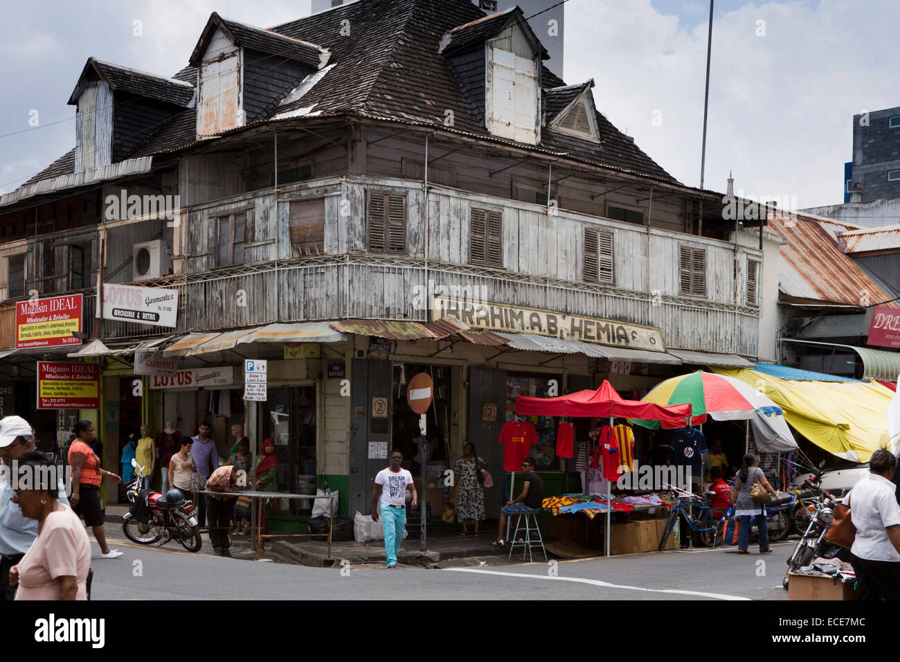 Mauritius, Port Louis, Rue Royale, old Moslem owned corner shop, in colonial era building Stock Photo