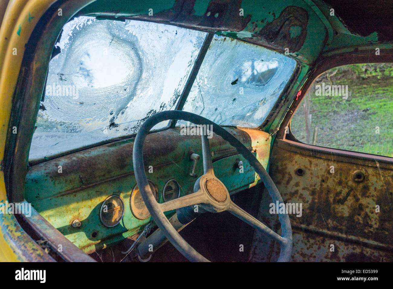 The interior of the cab, including the dashboard and the steering wheel of an old abandoned truck rusts away in a forest. Stock Photo