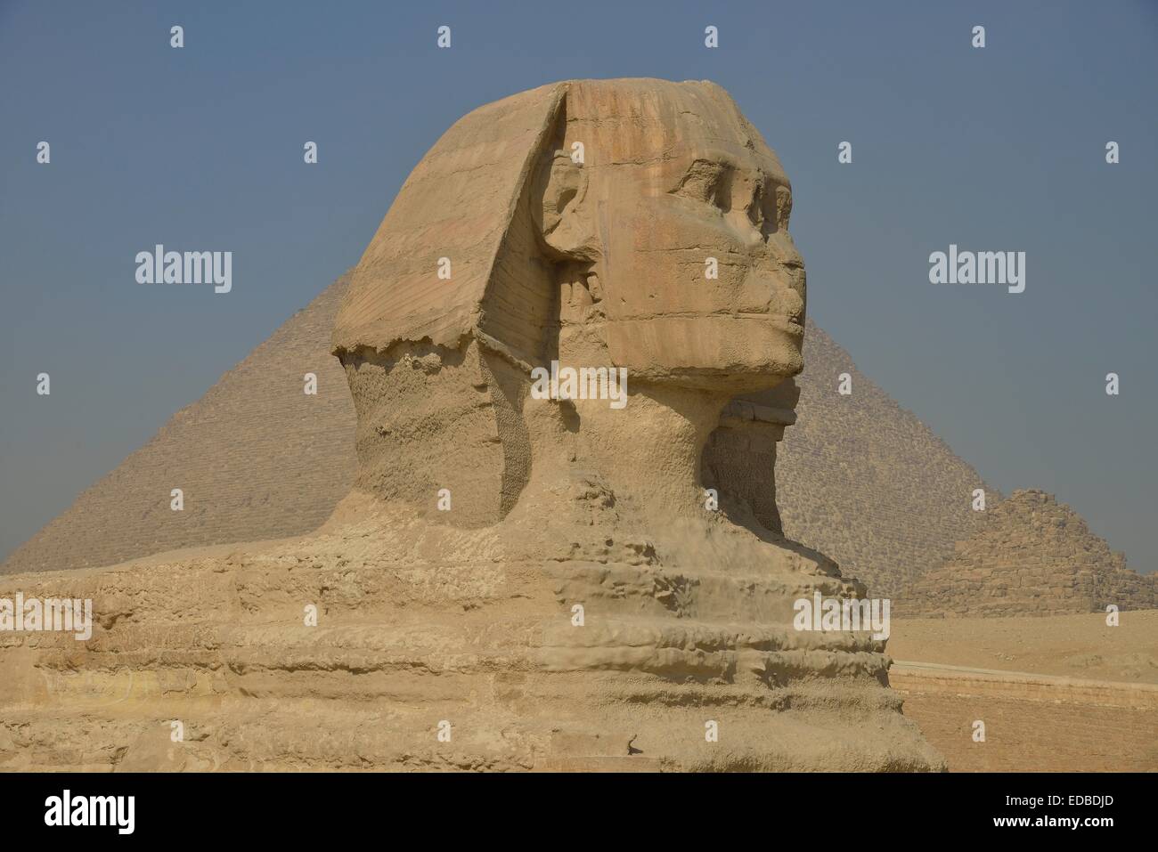 Sphinx or Great Sphinx of Giza, lion with a human head, built in the 4th Egyptian dynasty around 2700 BC, in front of the Stock Photo