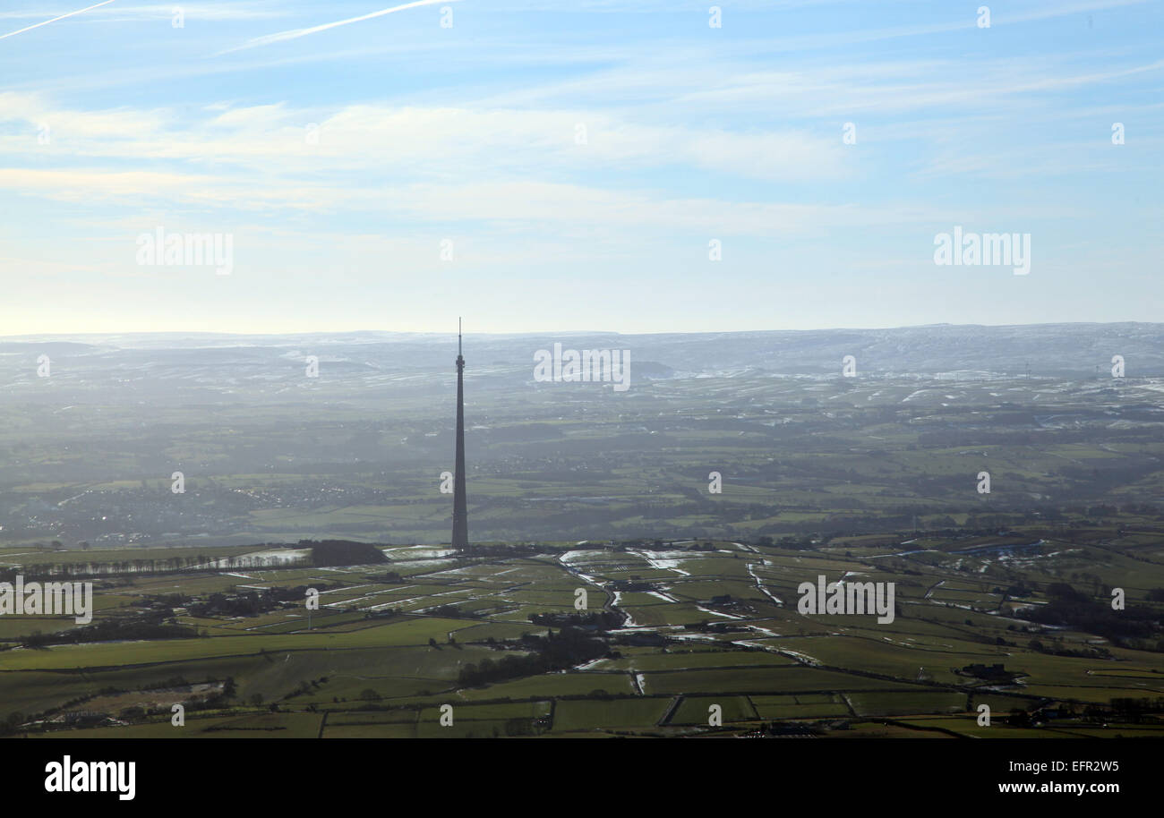 aerial view of Emley Moor TV mast transmitter, Yorkshire, UK Stock Photo