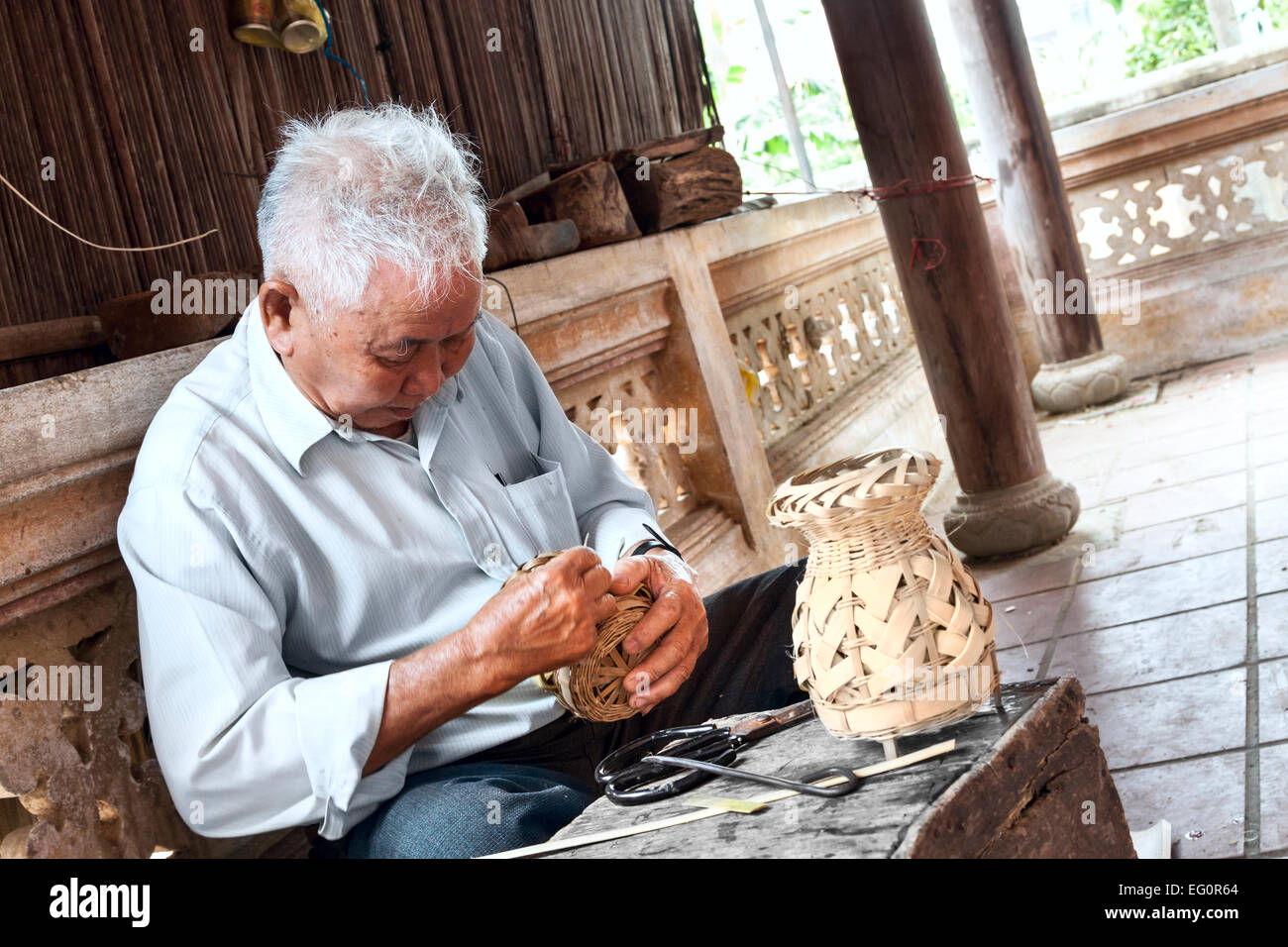 Bamboo lantern making in the Handicraft Workshop, Hoi An, Vietnam, Asia. Stock Photo