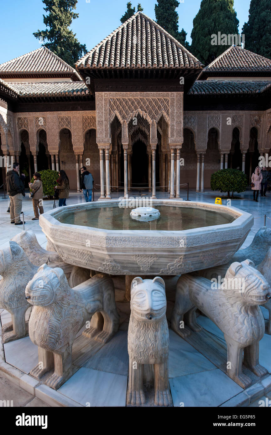 Lion Fountain located inside the Courtyard of the Lions in Alhambra, Granada, Andalusia, Spain. Stock Photo