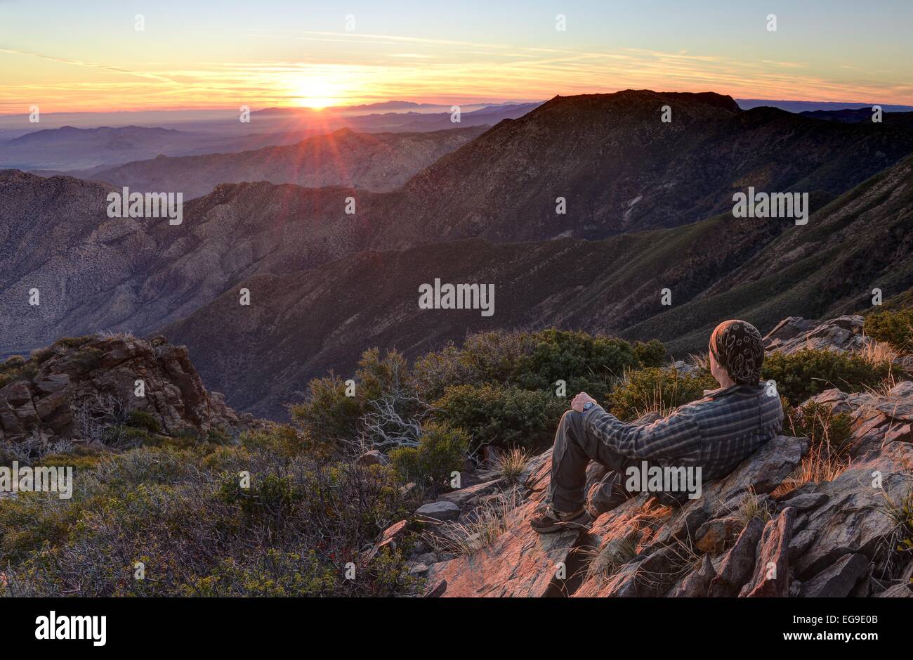 USA, California, Cleveland National Forest, Hiker looking at sunrise Stock Photo