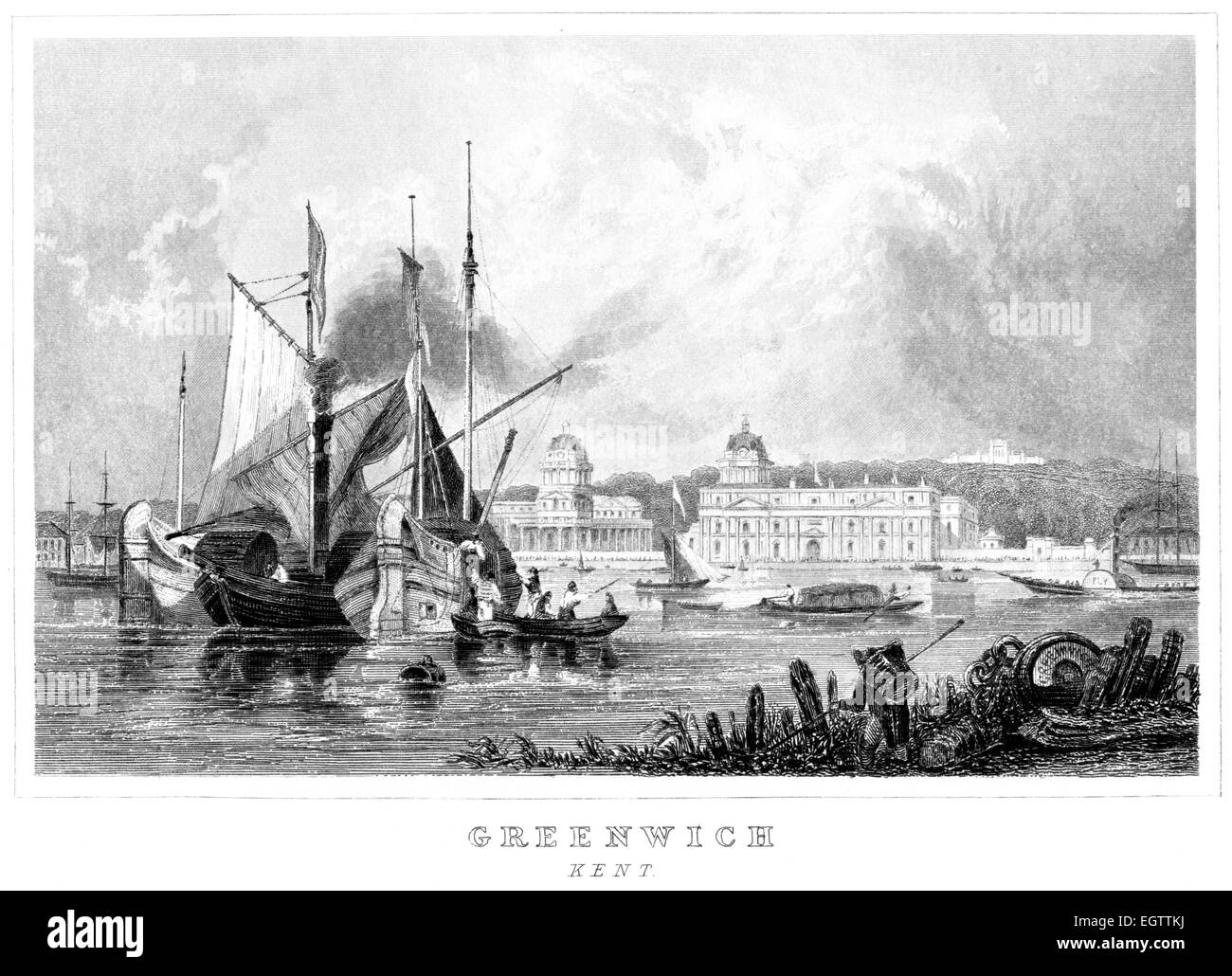 An engraving of Greenwich, Kent scanned at high resolution from a book printed around 1850. Stock Photo