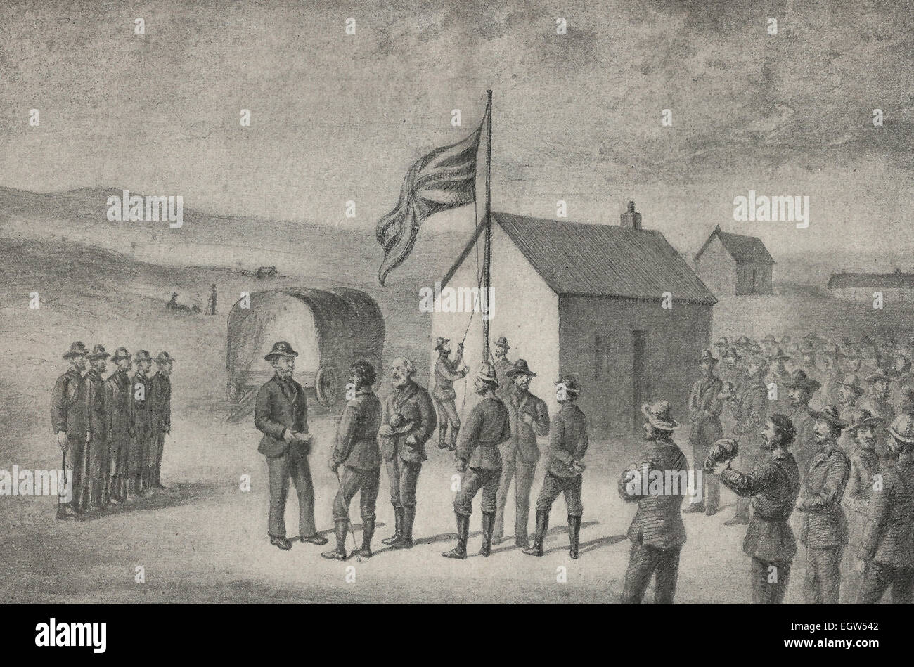 Hoisting the British flag in South Africa by Dr. John Mackenzie - The little Boer Republic of Stella-land was short lived.  Here a deputy commissioner is shown, on the left of the picture, as he stood in 1884, while the Republicans, on the right, consented to the hoisting of the British flag where the so called Stella-land flag had been flying for a short time Stock Photo