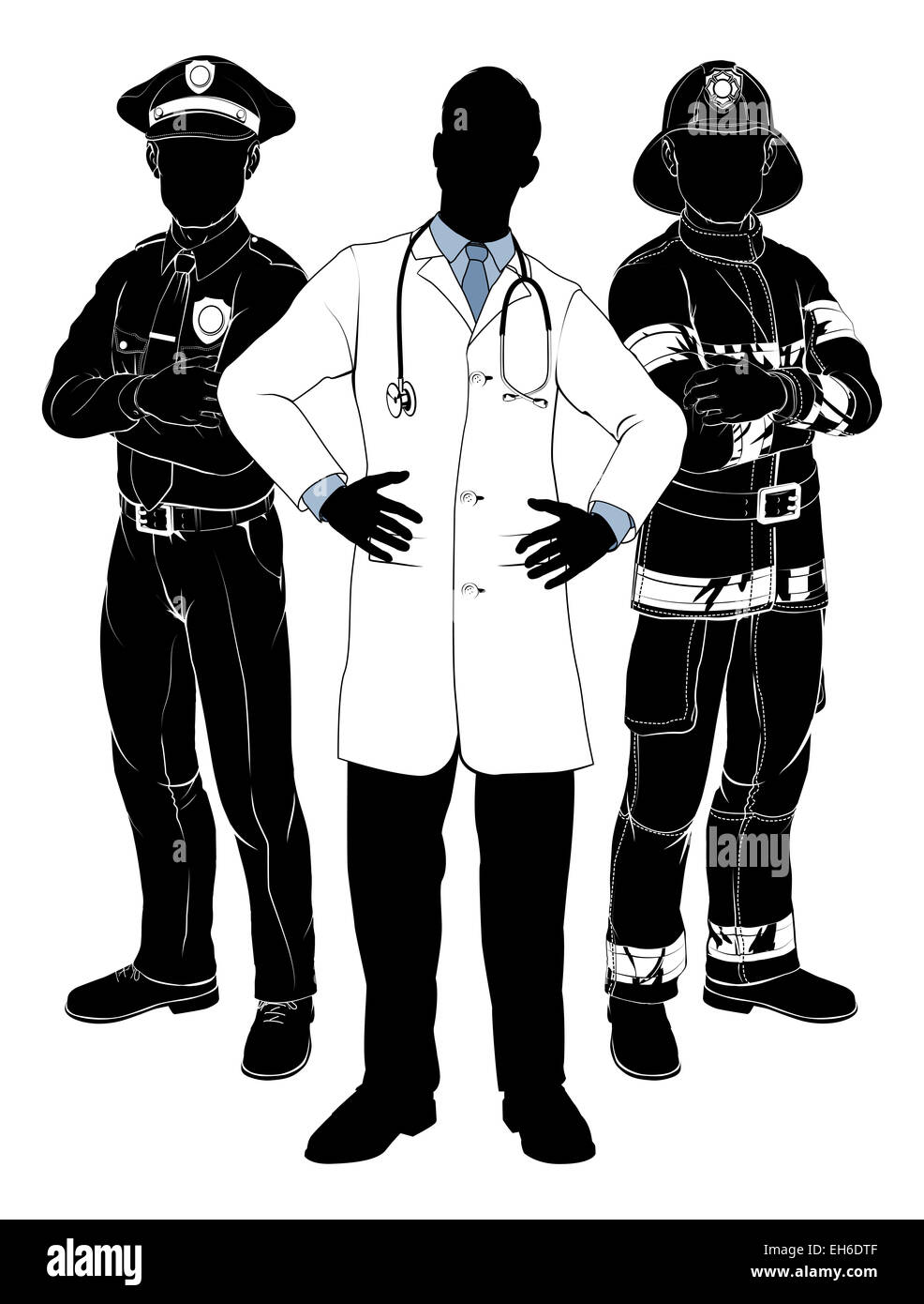 Emergency rescue services team silhouettes of a policeman or police officer, a fireman or fire-fighter and a doctor Stock Photo