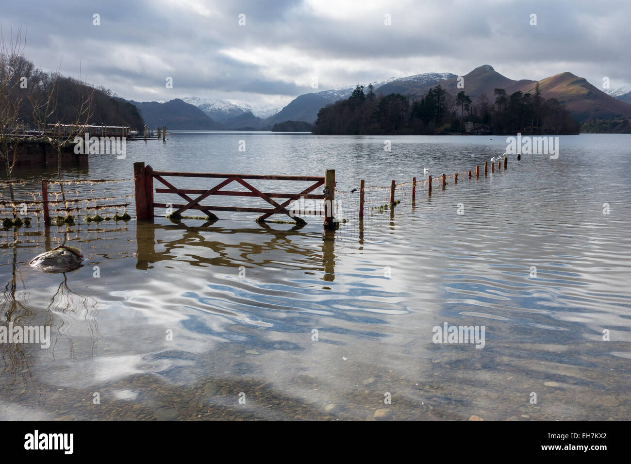 A flooded field next to Derwent Water near Keswick in the Lake District National Park Stock Photo