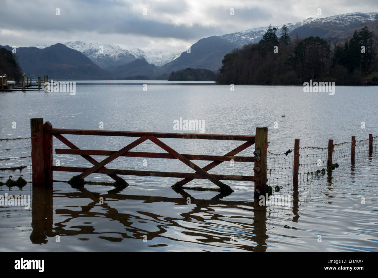 A flooded field next to Derwent Water near Keswick in the Lake District National Park Stock Photo