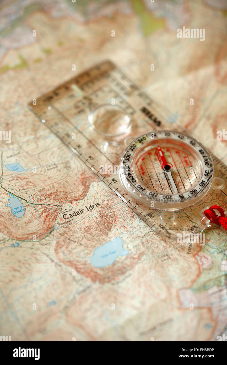 Compass on OS Map of Cadair Idris (detail). Stock Photo