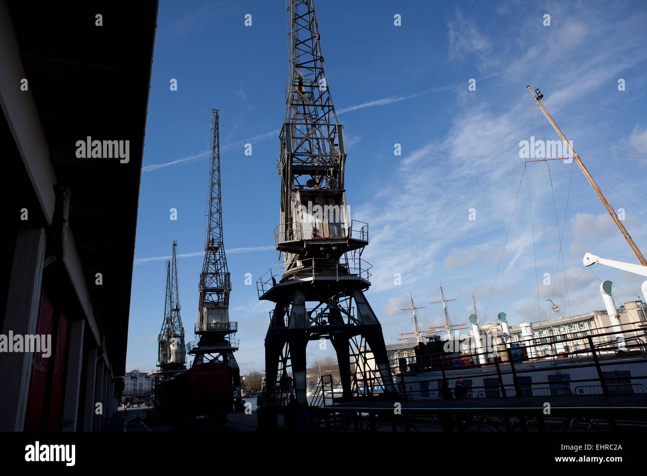 Old cranes on the historic harbour in Bristol England Stock Photo