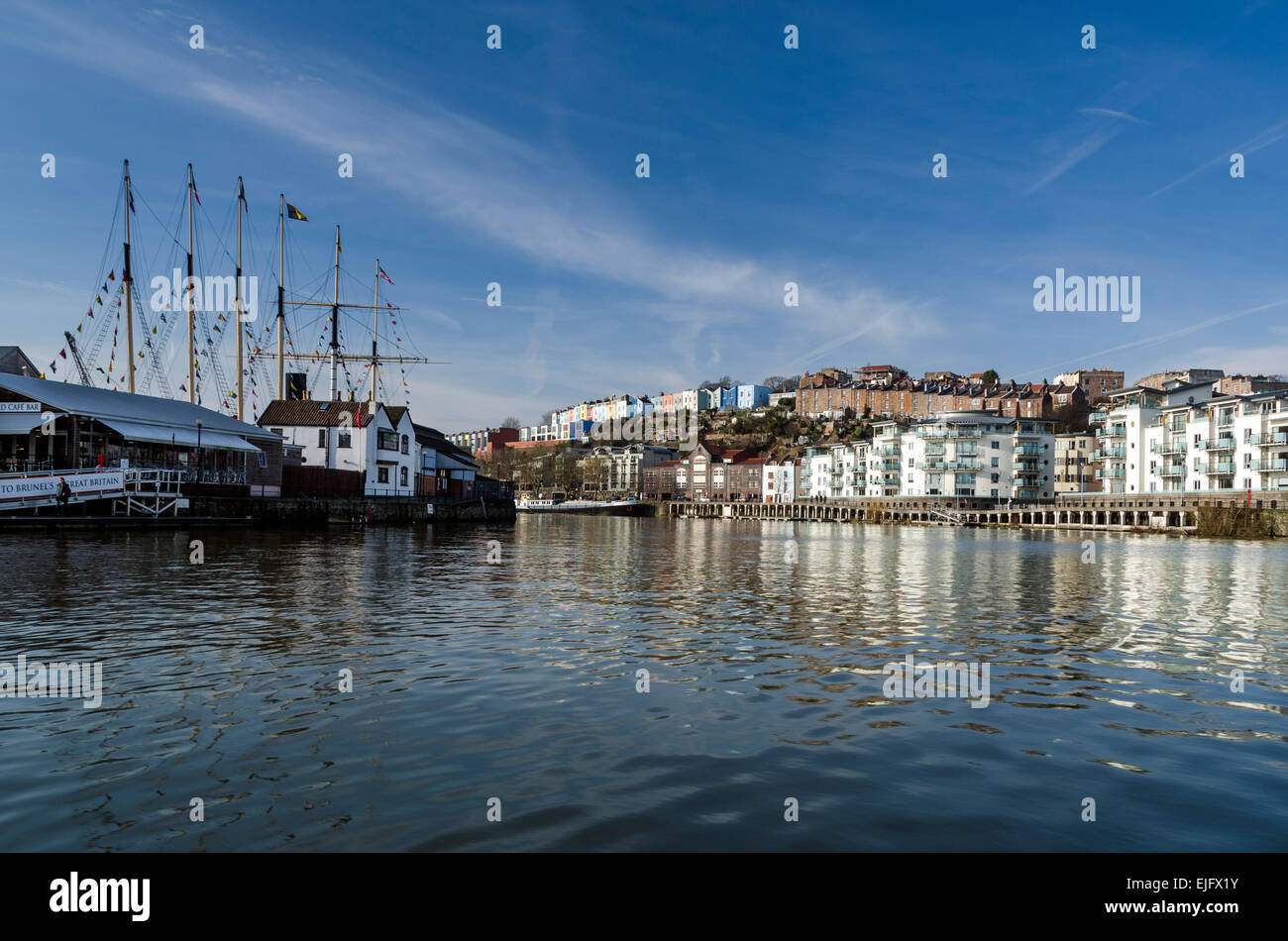 A view taken from on the water of Bristol's historic harbourside. Stock Photo