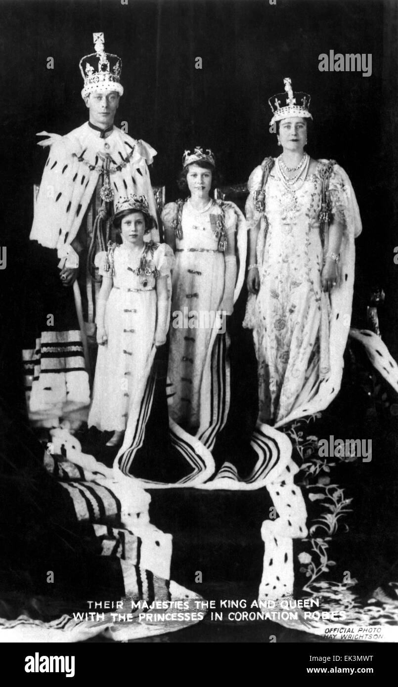 King George VI, H.M. Queen Elizabeth, Princesses Elizabeth and Margaret, of United Kingdom, at Coronation, May 12, 1937 Stock Photo