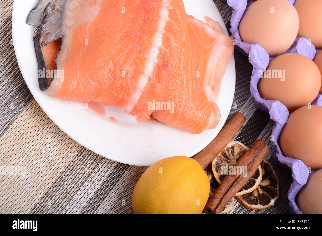 Slice of red fish salmon with fruits Stock Photo