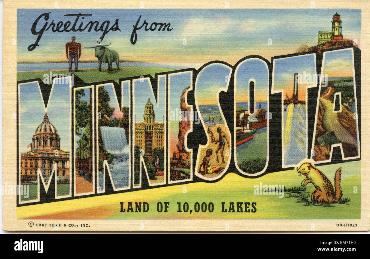 Large letter 'Greetings from Minnesota ' state name vintage postcard ca. 1930's-1940's Stock Photo