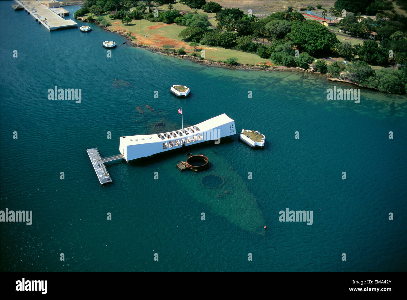 Hawaii, Oahu, Pearl Harbor, Arizona Memorial Aerial View With Ship ...