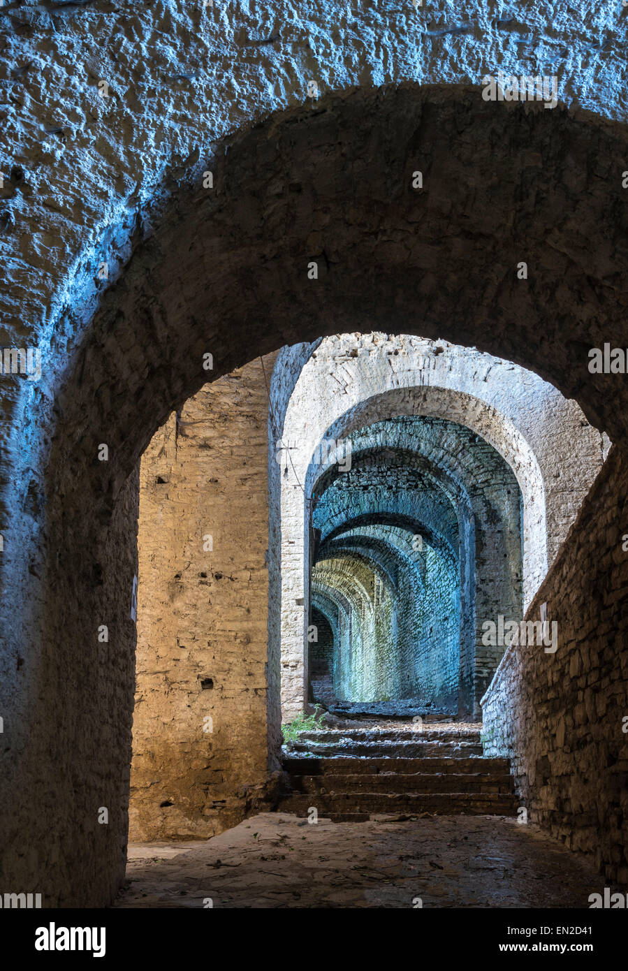 Interior arched passageway in the castle at Gjirokastra in southern Albania. Stock Photo