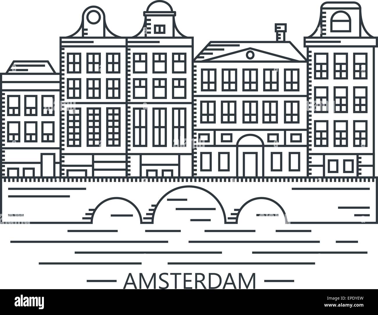 Old Amsterdam Holland houses on bridge set vector line drawn illustration Stock Vector