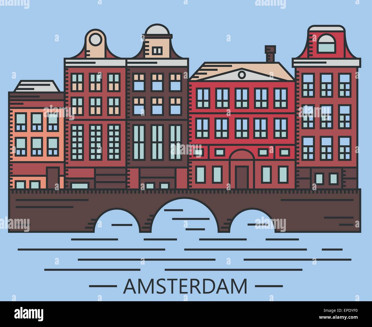 Old Amsterdam Holland houses on bridge set vector line drawn illustration Stock Vector