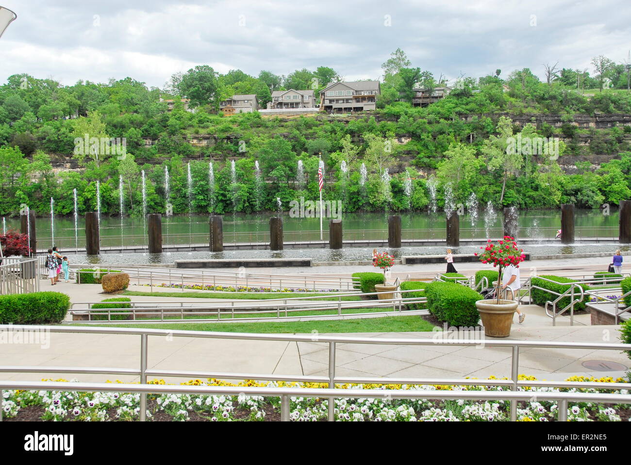 Fountains in front of Lake Taneycomo in Branson Landing in Branson, Missouri Stock Photo