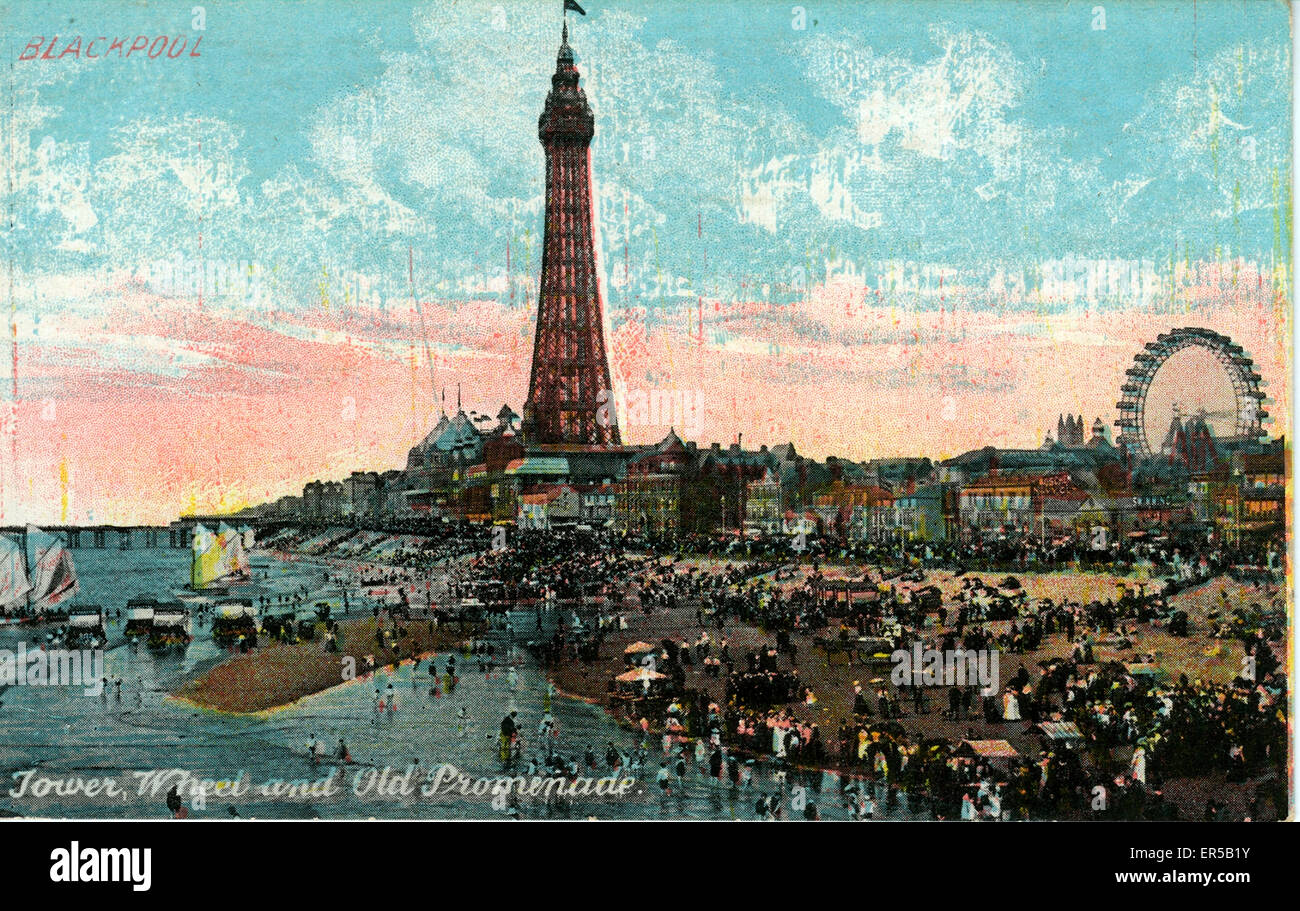 Early RP POSTCARD, Tower, Wheel &amp; Old Promenade, Blackpool, Lancashire, England.  1900s Stock Photo