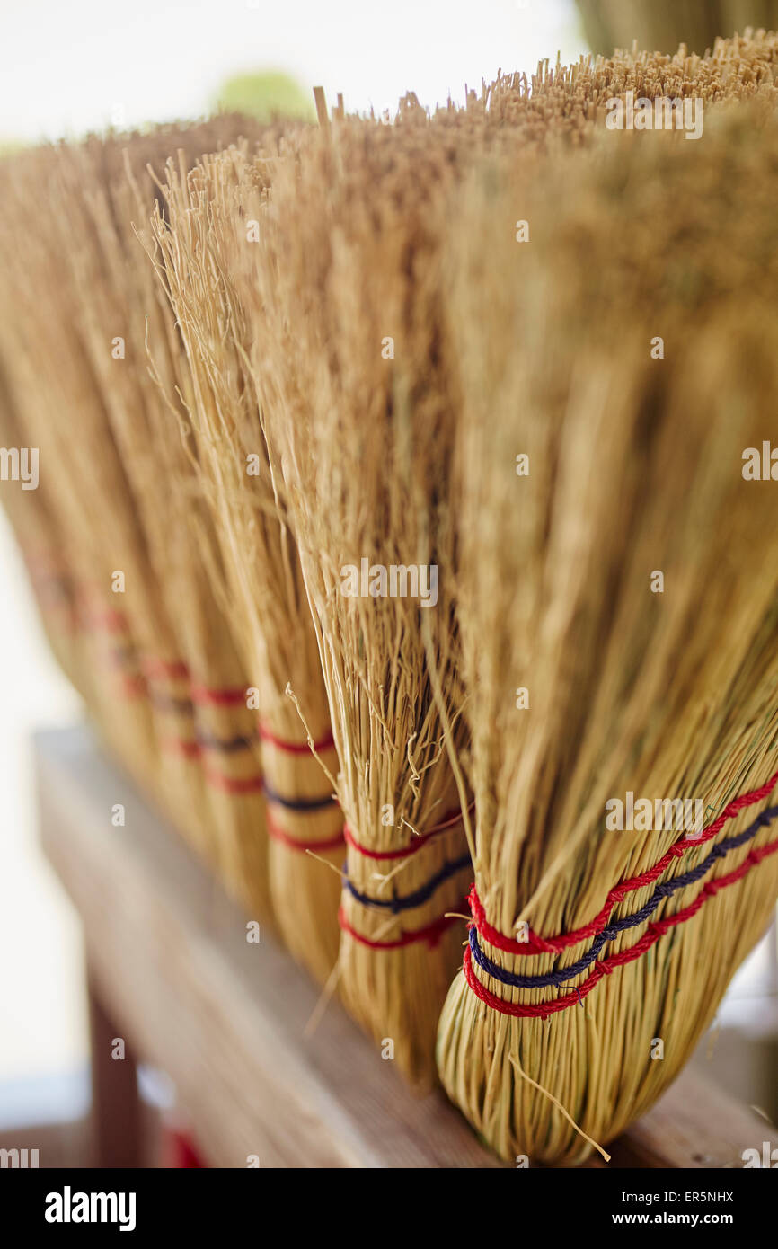 Handmade brooms on display, Bird-in-Hand, Pennsylvania, USA Stock Photo