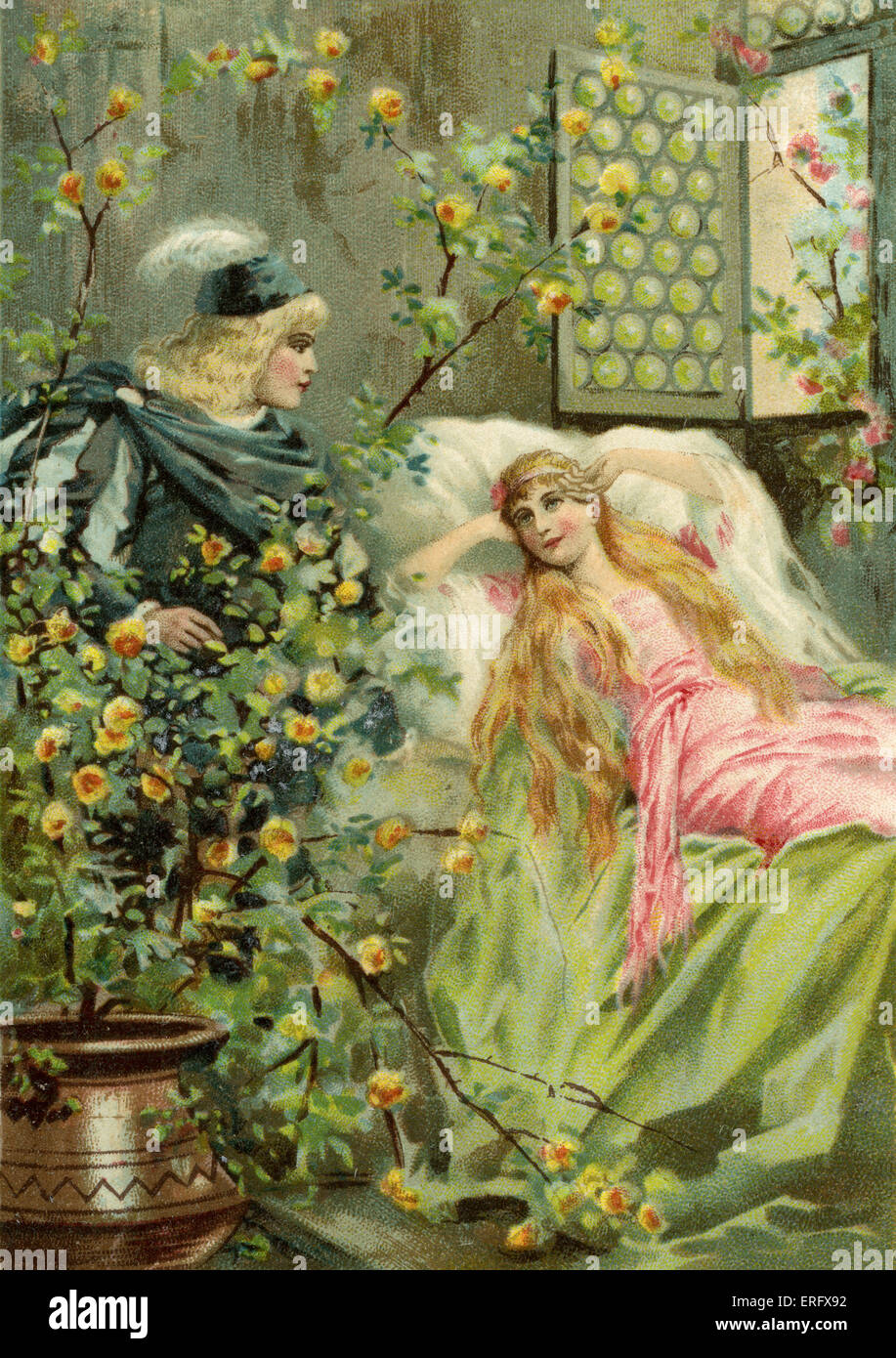 The Sleeping Beauty - Fairy tale by French author, Charles Perrault: 12 January 1628 – 16 May 1703. The scene where the Prince Stock Photo