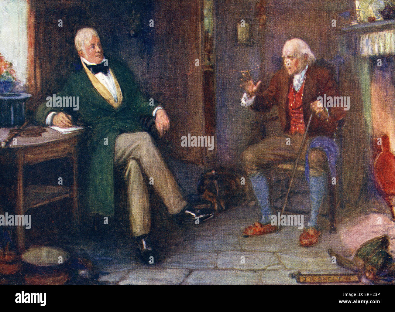 Walter Scott sitting and talking with a poor man in his cottage. Illustration by John R Skelton. WS: Scottish historical Stock Photo