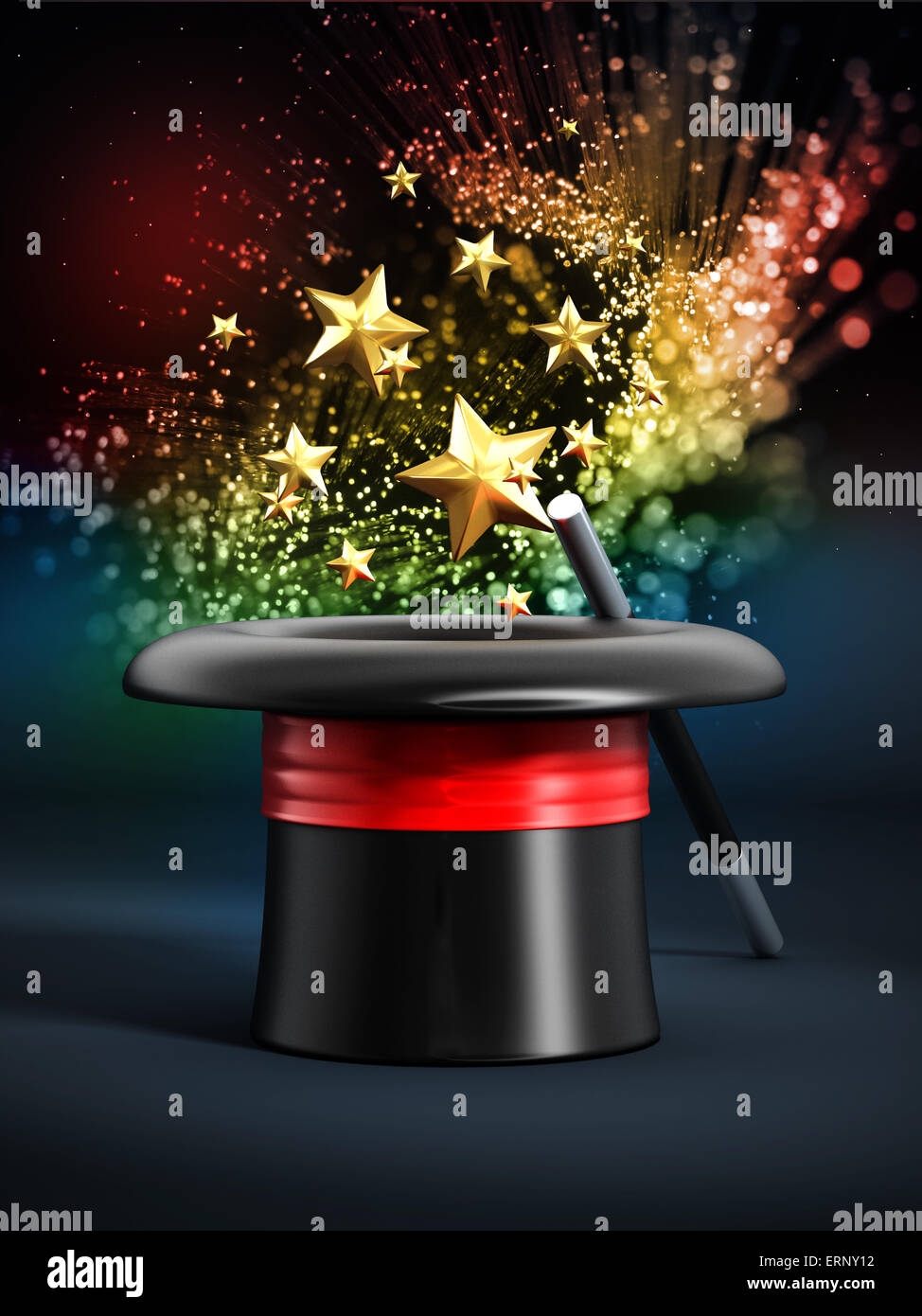 Magician hat with wand and sparkles shining at the dark Stock Photo