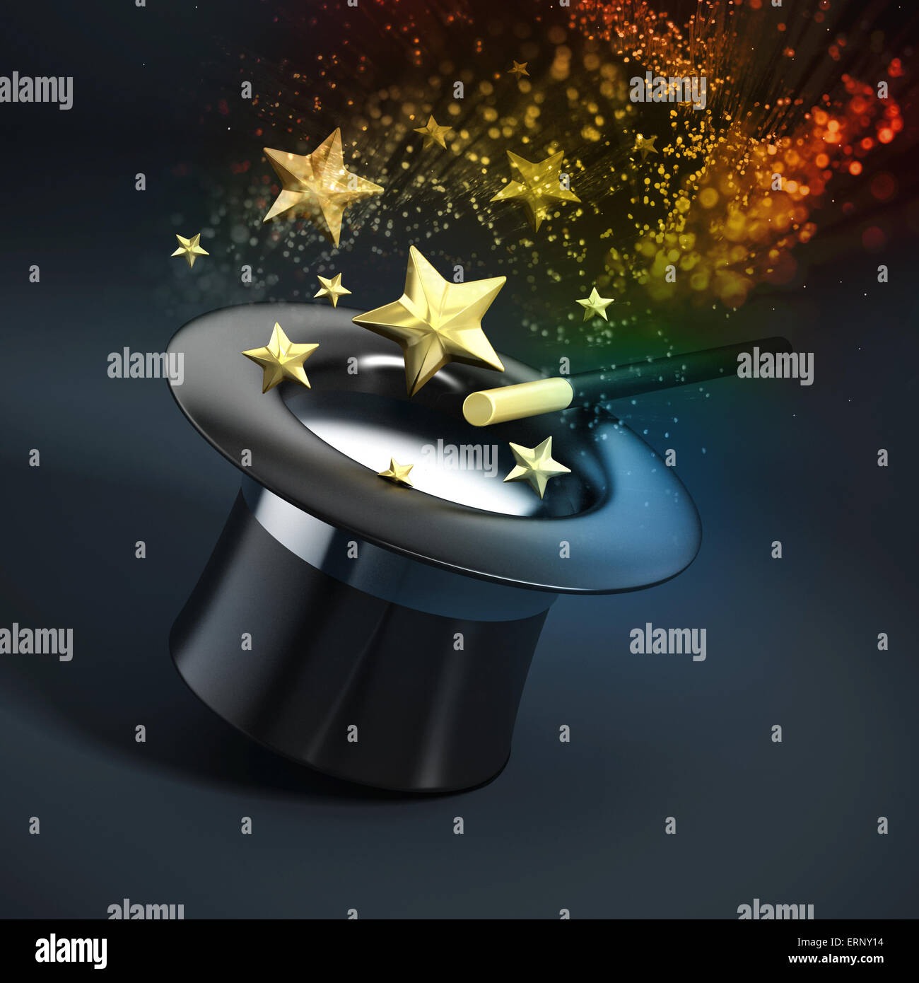 Magician hat with wand and sparkles shining at the dark Stock Photo