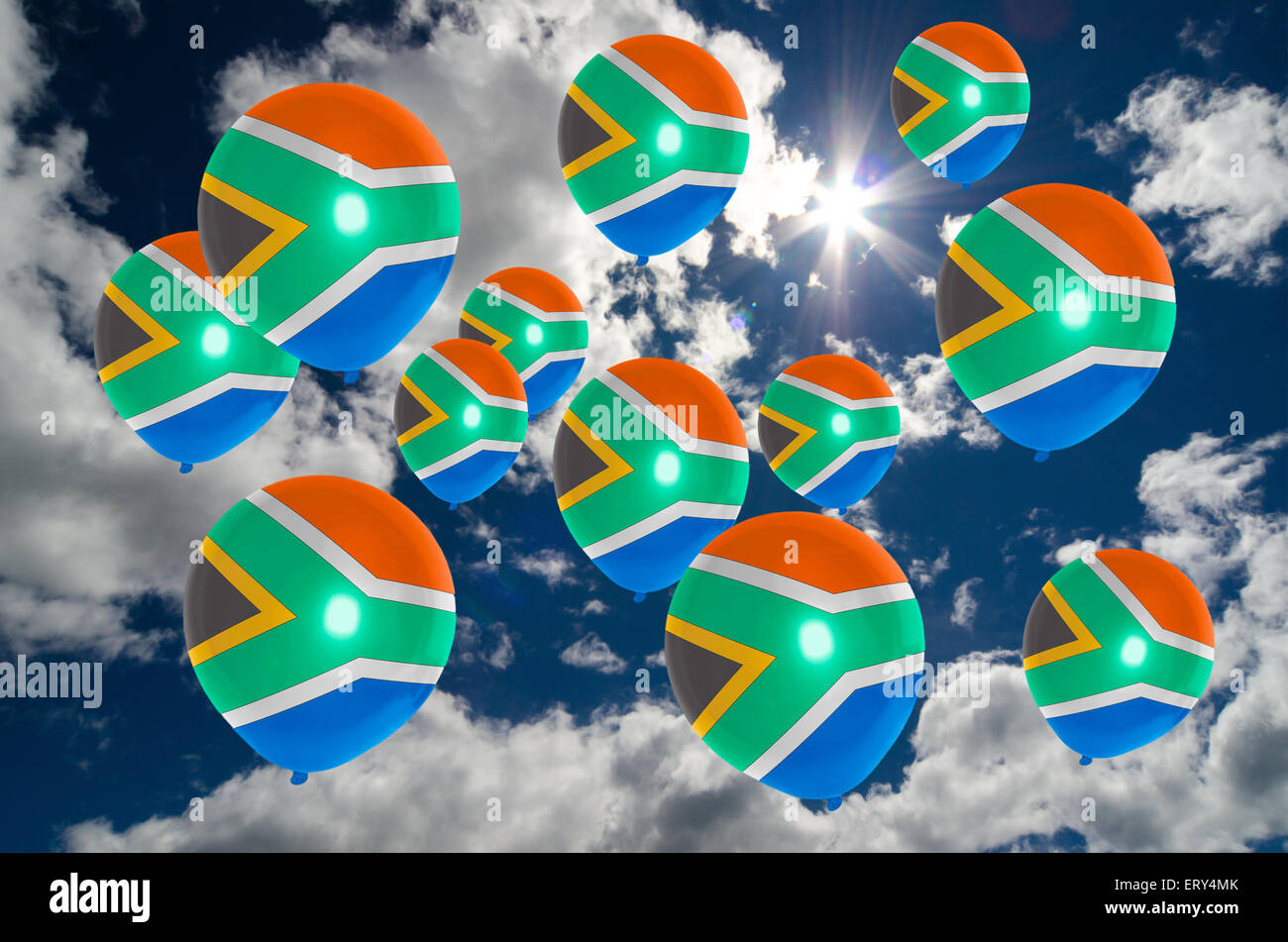 many ballons in colors of south africa flag flying on sky Stock Photo