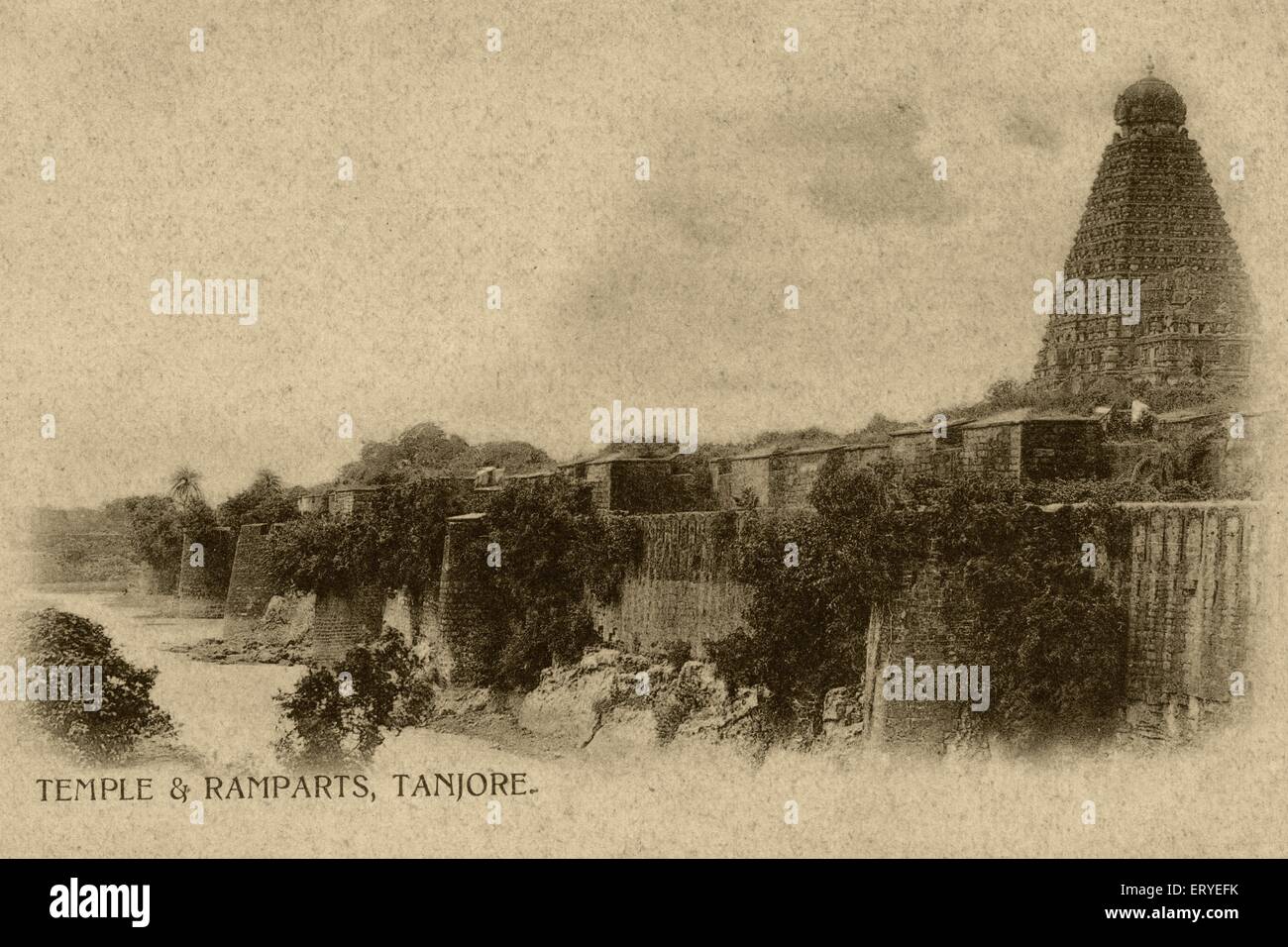 old picture vintage 1900s ; temple & Ramparts ; World Heritage Site ; Tanjore ; Tamilnadu ; India Stock Photo