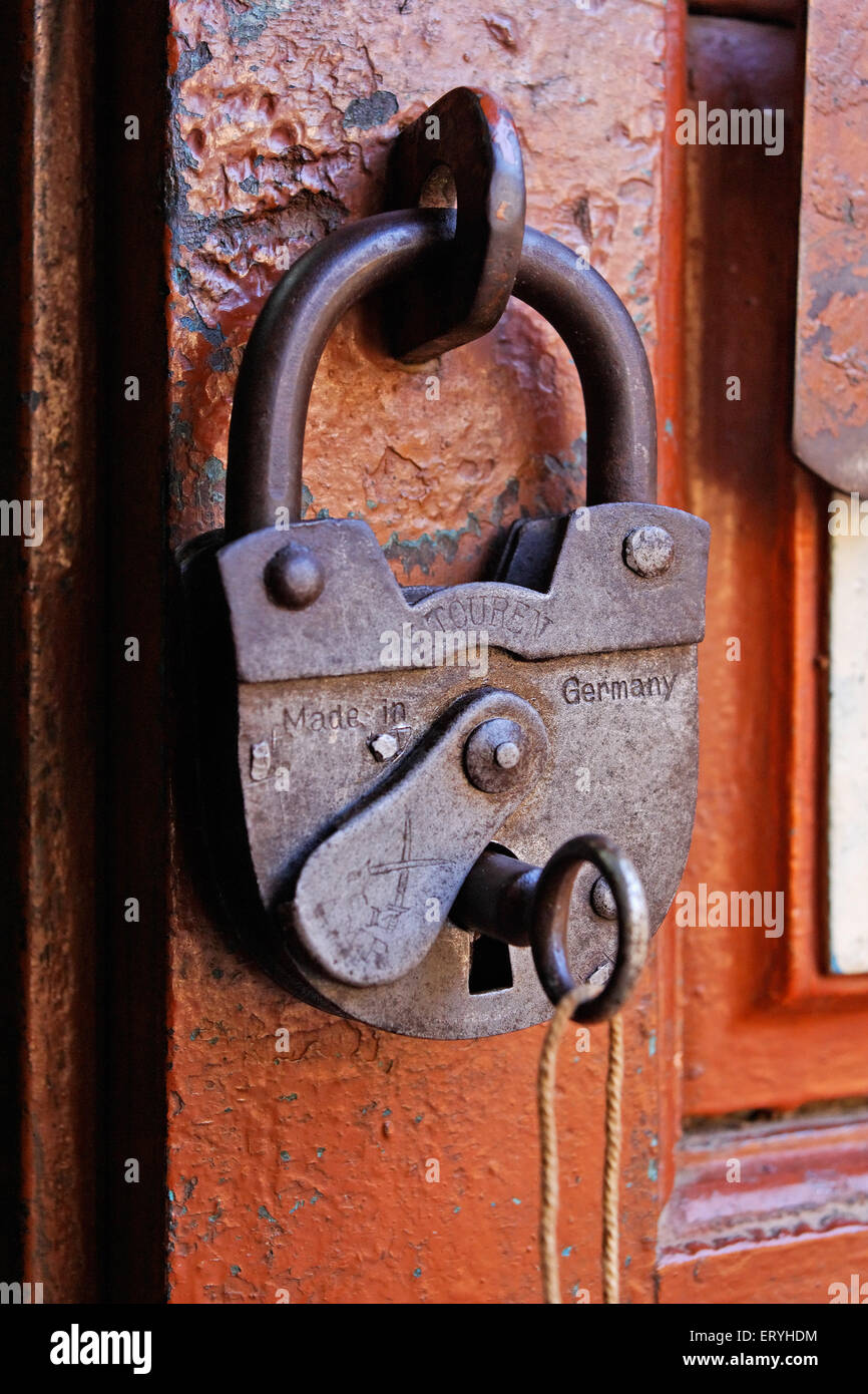 Old antique metal lock , Made in Germany , Idar , Edar , Modasa , Sabarkantha , Gujarat , India , Asia Stock Photo