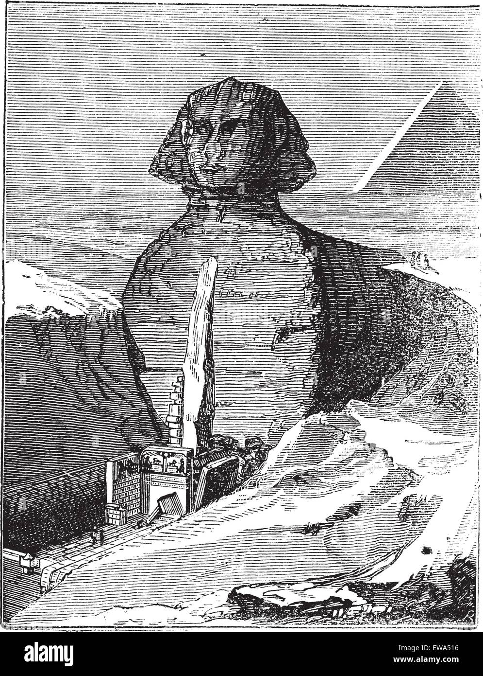 Great Sphinx of Giza in Giza, Egypt, during the 1890s, vintage engraving. Old engraved illustration of Great Sphinx of Giza. Stock Vector