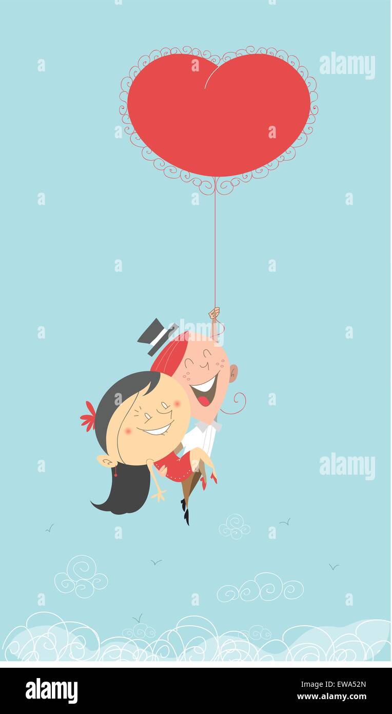 A Saint-Valentine's romantic retro illustration of a man and woman flying in the sky, going to paradise holding a heart balloon Stock Vector